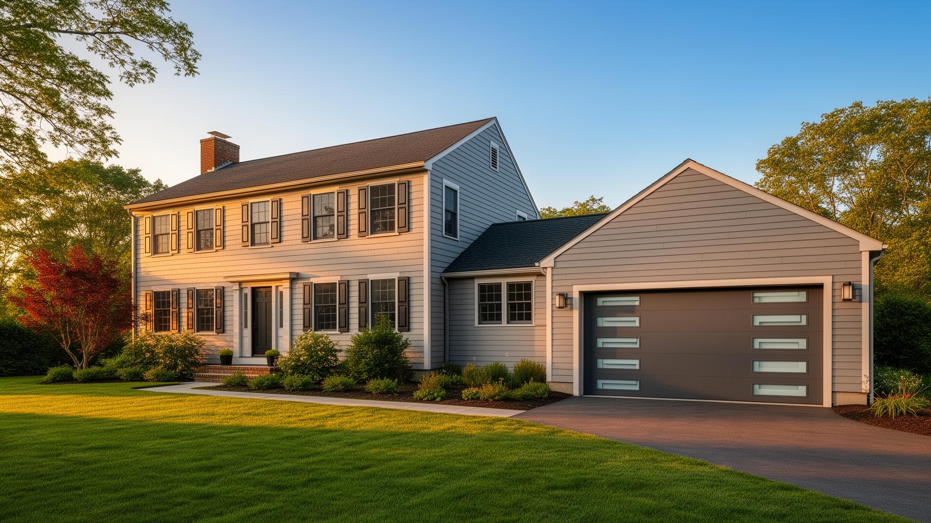 Modern garage door installation on New England colonial home